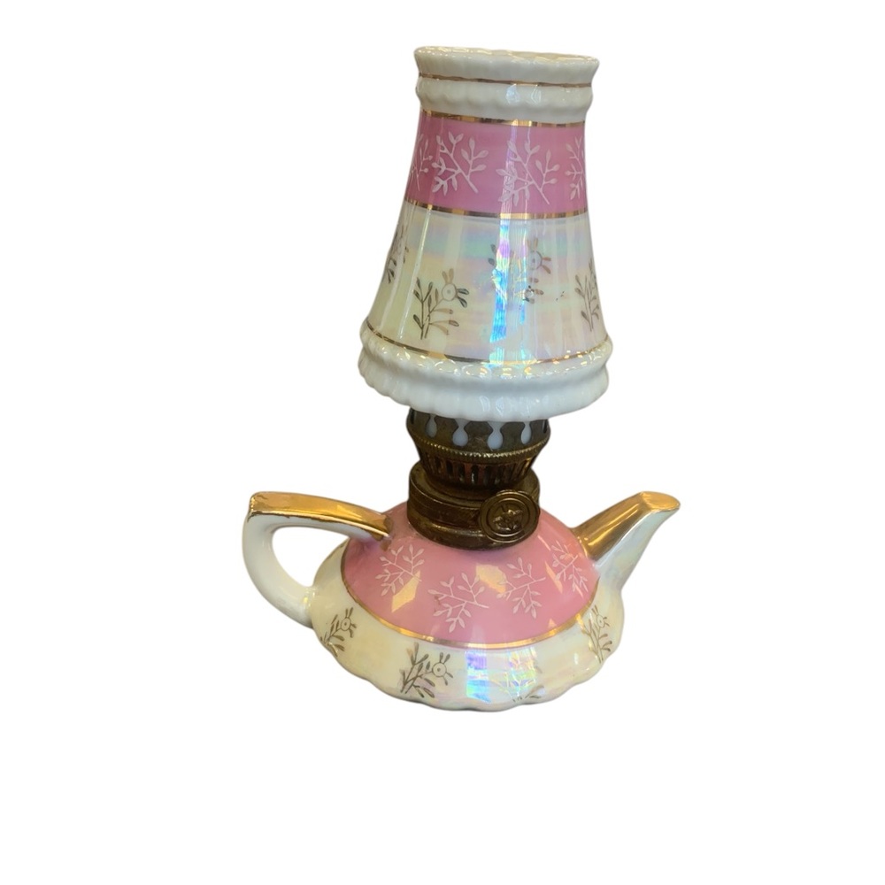 Vintage  Miniature Oil Lamp Pink And Gold Japan